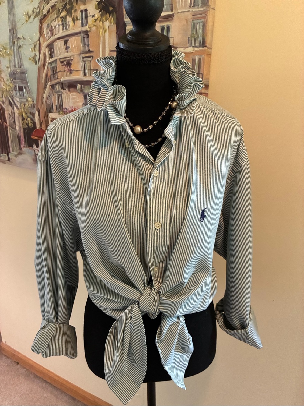Ralph Lauren green and White Striped Button-Down ruffle collar  Shirt